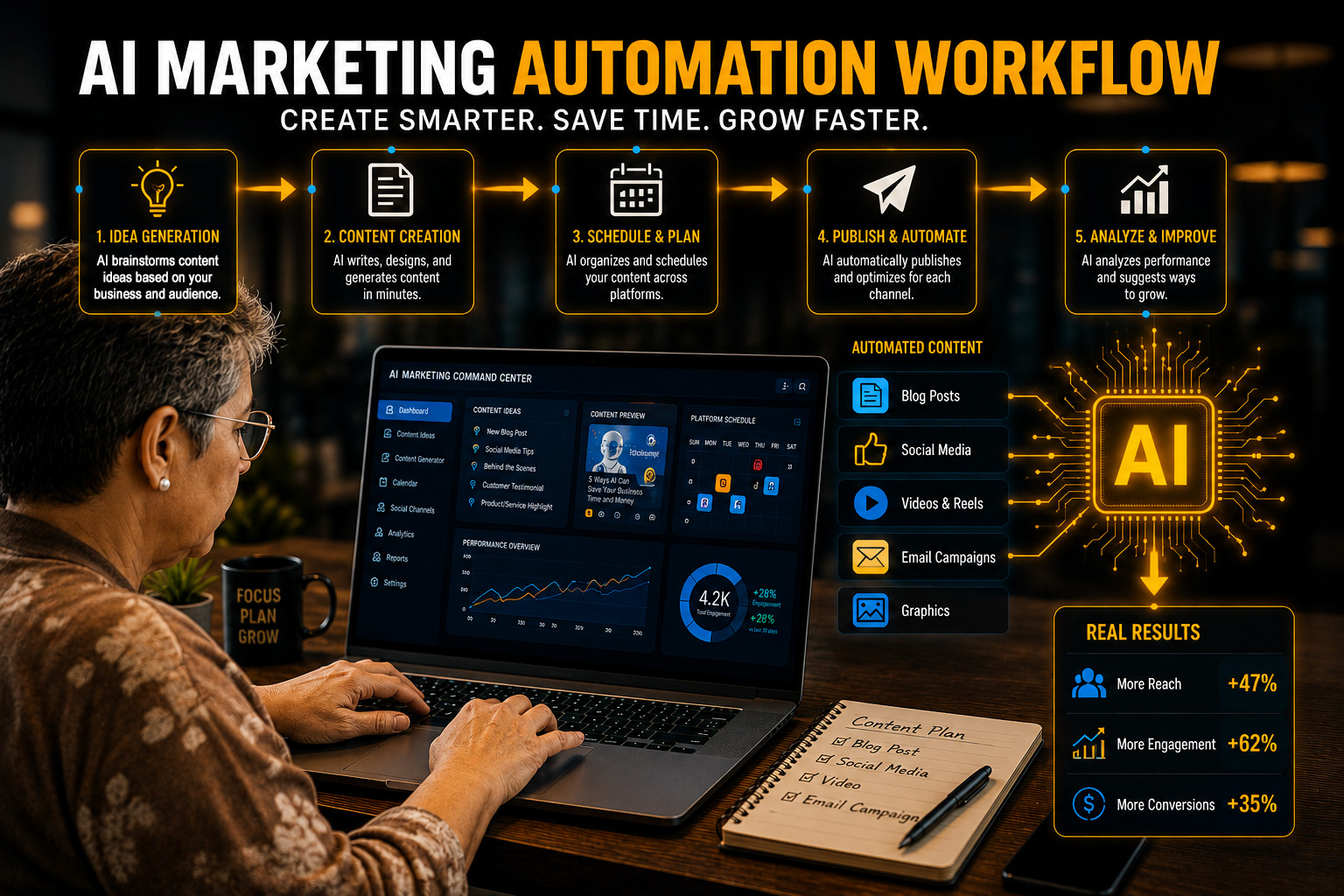 AI-powered marketing workflow helping small businesses create content and improve online branding