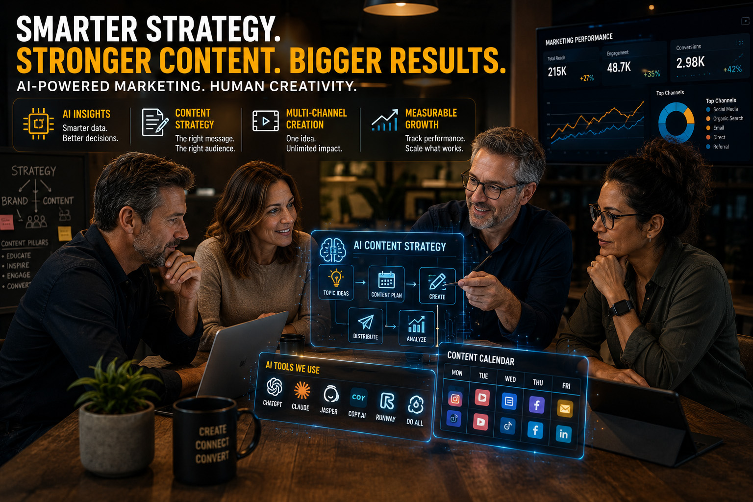 Marketing team using artificial intelligence tools for website design SEO and video marketing