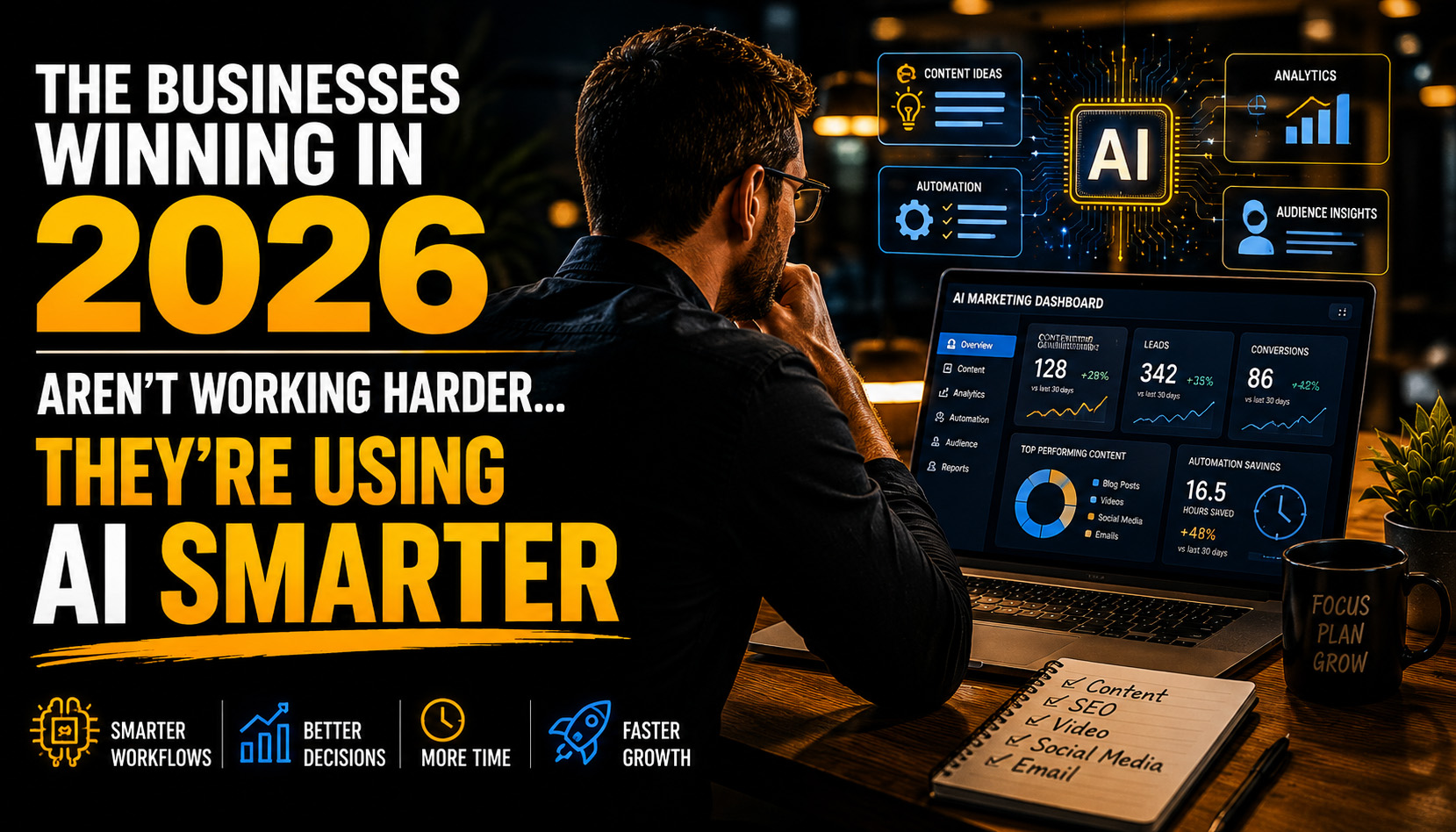 Small business owner using AI marketing tools and analytics dashboard to improve branding and digital marketing