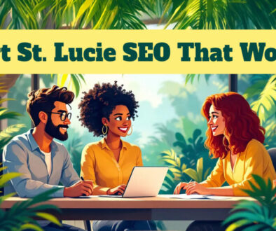 Local business owner using laptop to improve website SEO rankings in Port Saint Lucie, Florida with focus on Google search results and digital marketing strategy