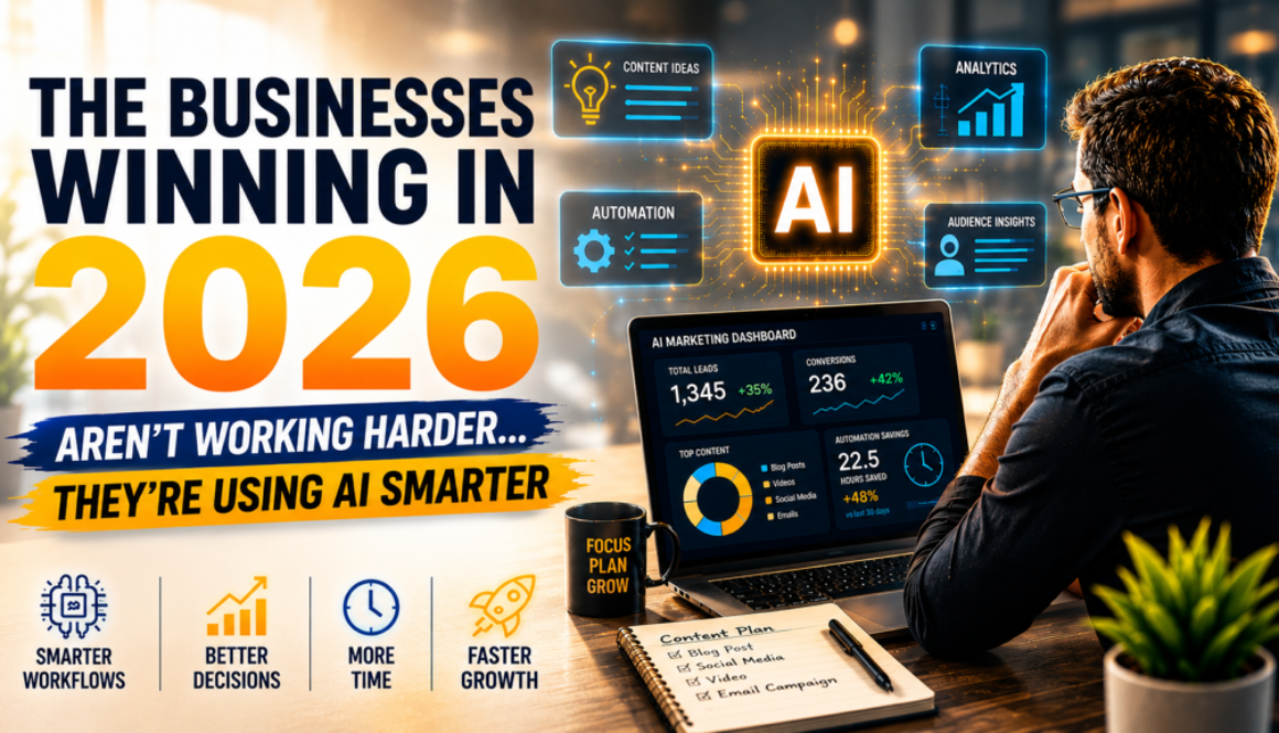 Small business owner using AI marketing dashboard and automation tools to improve content creation, SEO, social media marketing, website performance, and business growth in 2026